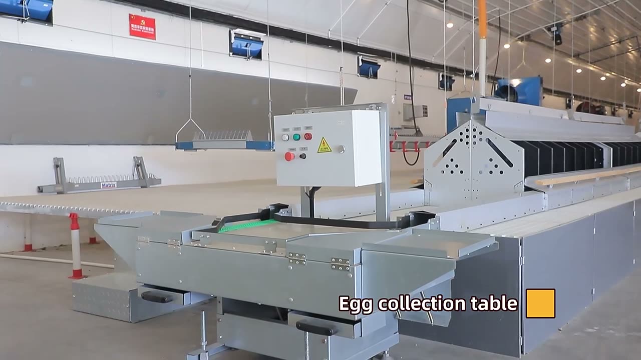 Installed nest line with natural mat, suspension system and the collection table at the end of the run.