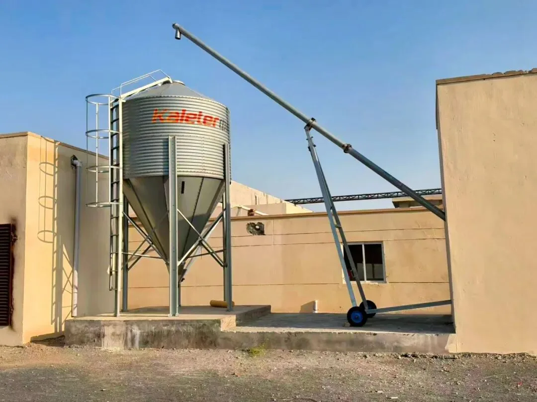 Kaleter feed silo with an auger beside a poultry house
