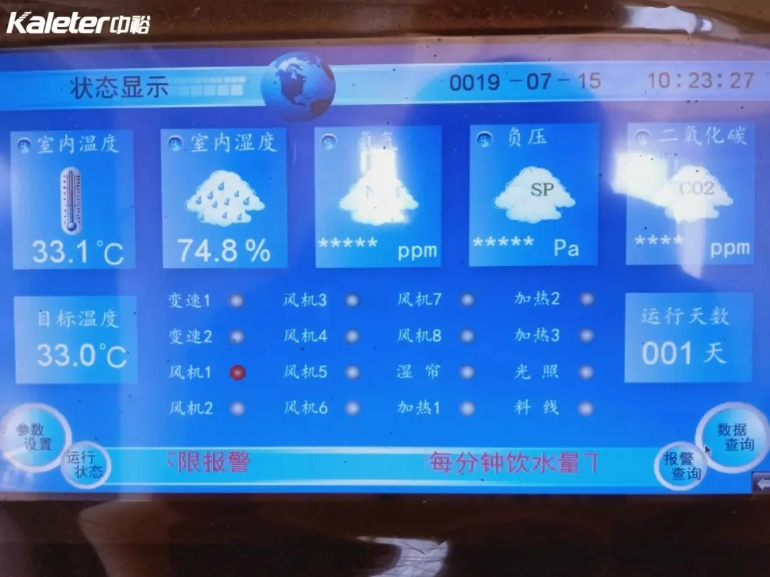 Environmental controller screen showing house temperature, humidity, and equipment status
