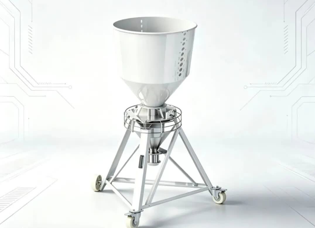 Stainless steel rotary feed spreader on a wheeled tripod frame