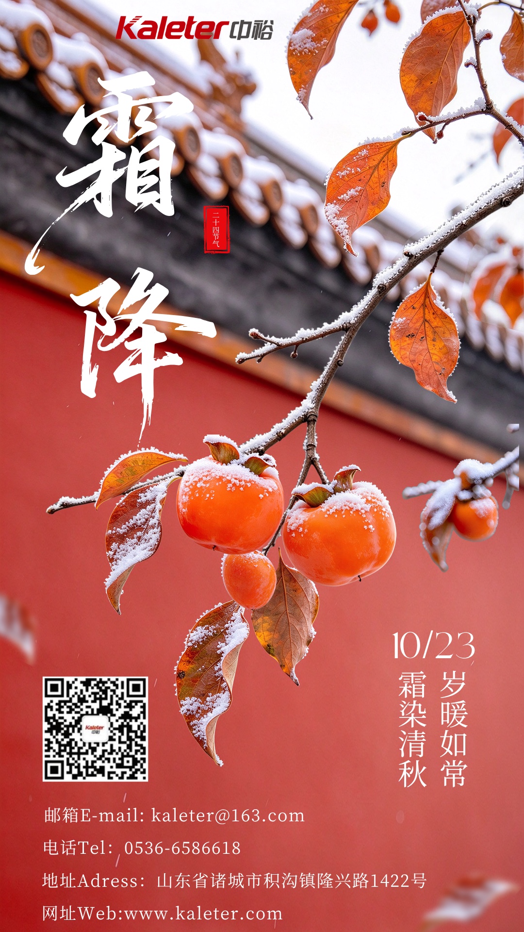 Frost's Descent solar term poster showing frosted persimmons and autumn leaves on a branch in front of a red wall