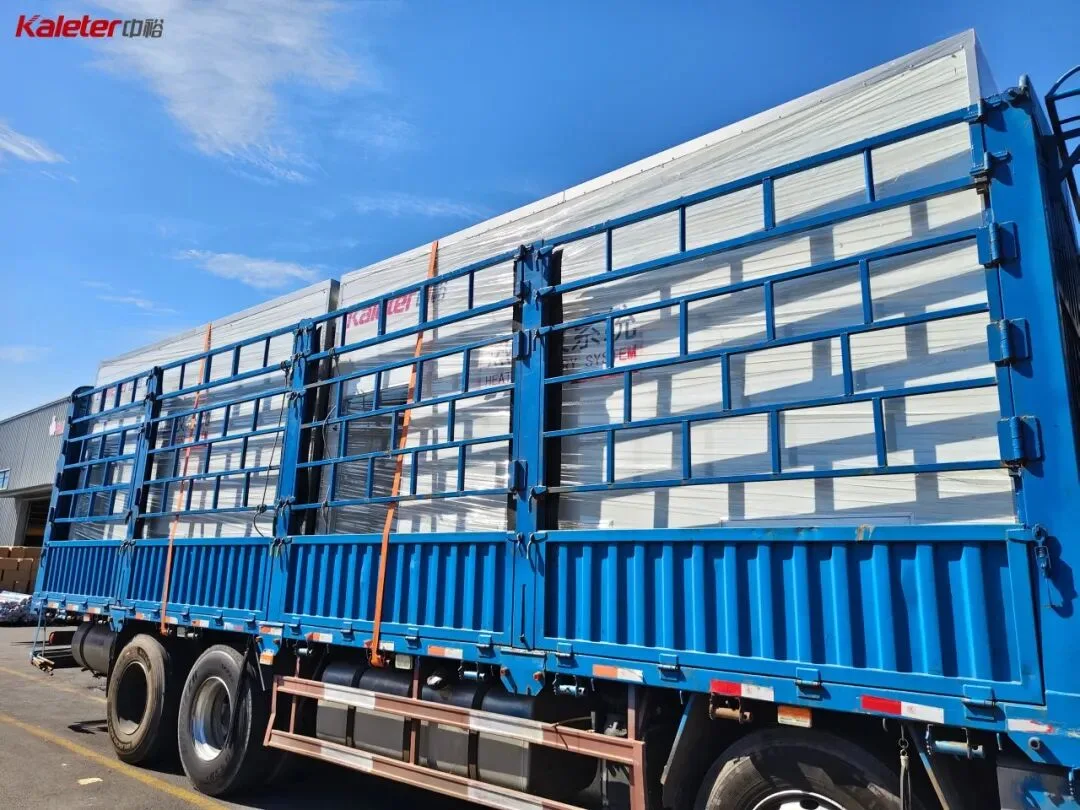 Heat recovery units wrapped and strapped on a flatbed truck