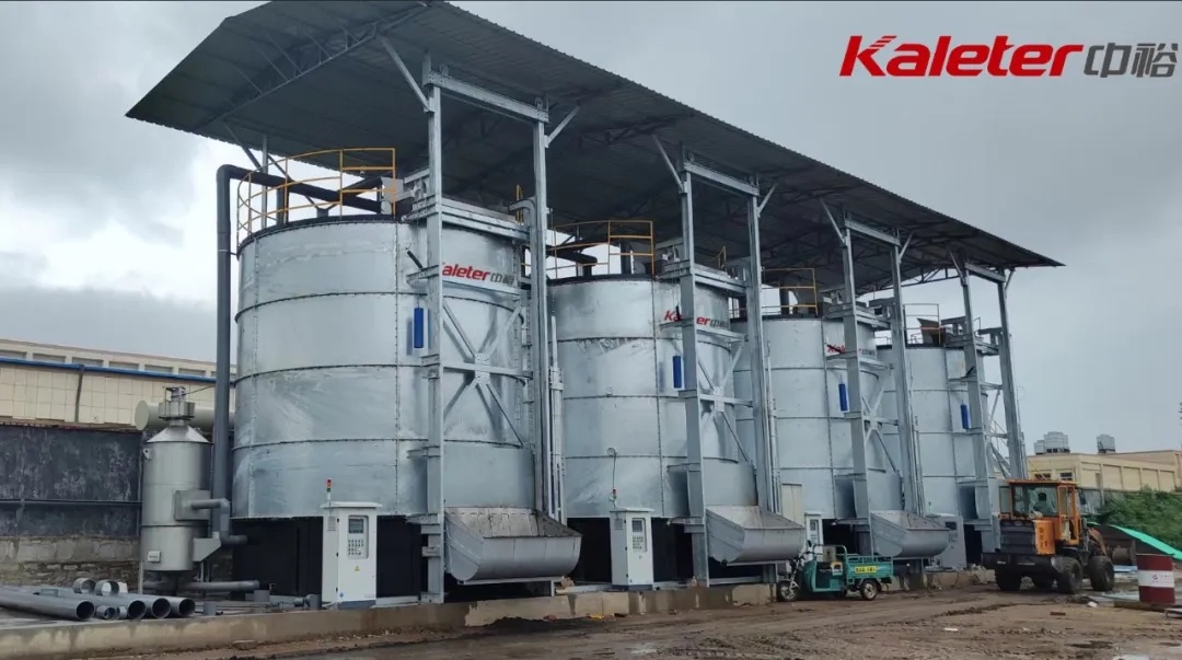 Four Kaleter high-temperature manure fermentation tanks installed at a farm site