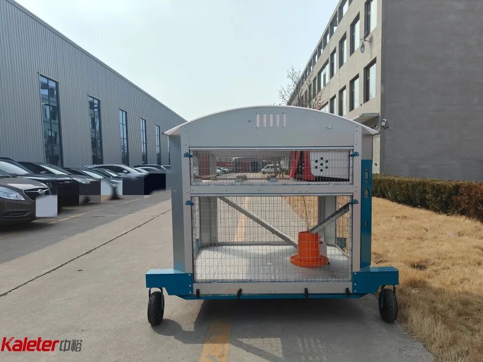 Kaleter two-storey movable cage-free chicken house on wheels, seen from the end