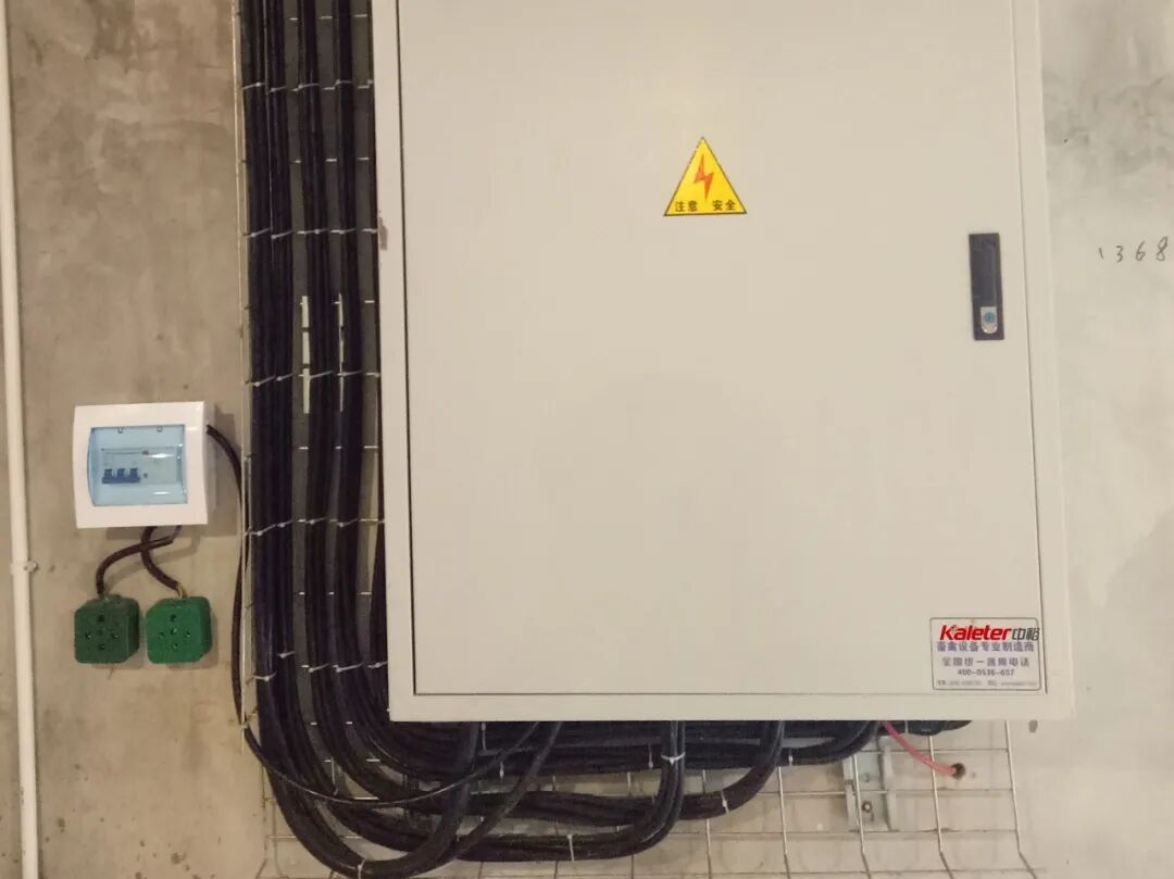 Wall-mounted distribution cabinet with cable dropping into the tray below