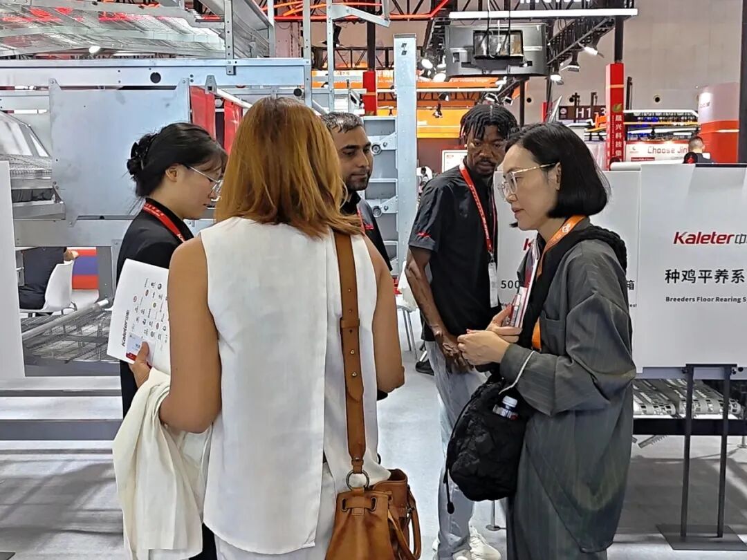 Kaleter staff talking with visitors in front of the breeder floor rearing system display