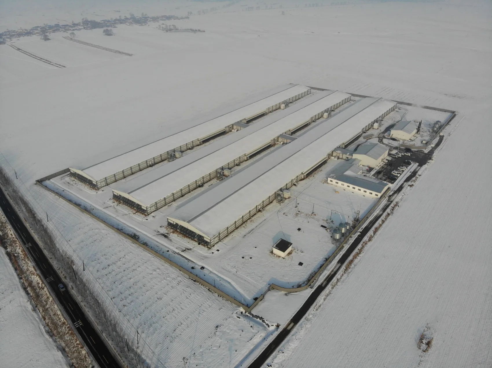 Snow-covered site with four long houses.